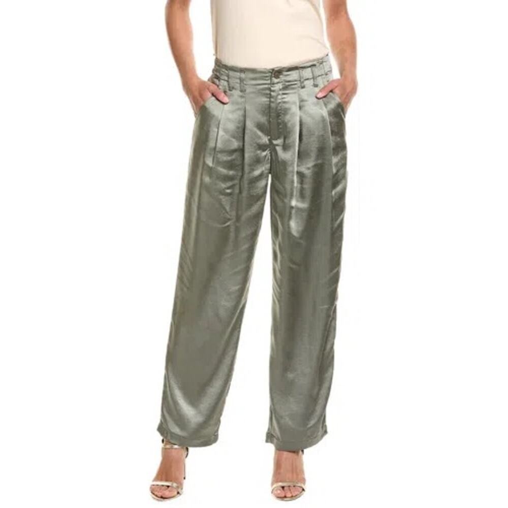 Vintage Havana Satin Pleated Wide Leg Pants Sage Green Trouser M Luxe Elevated - Picture 3 of 13